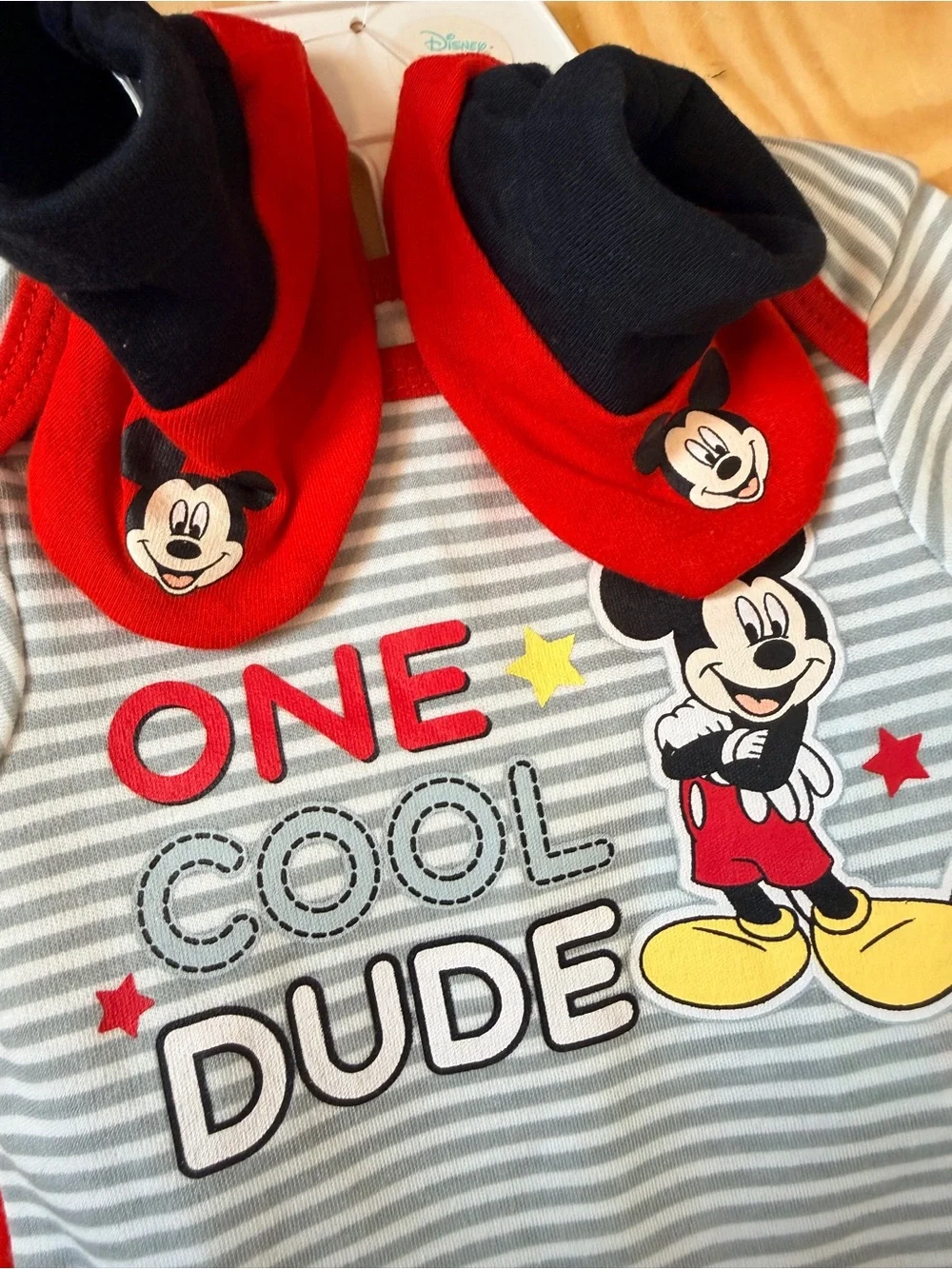 Disney Mickey Mouse Gray & Red Striped Baby One-Piece